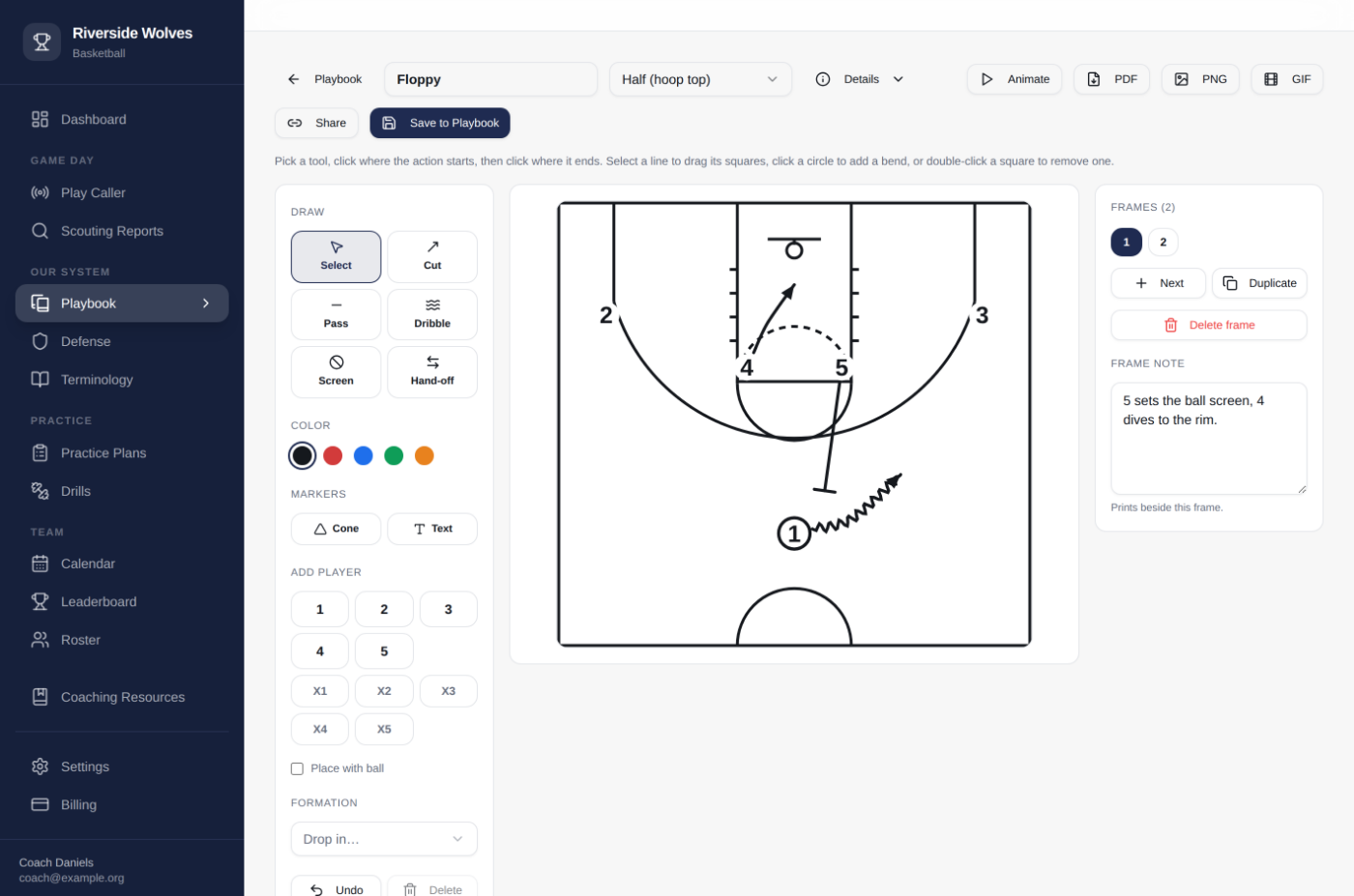 The play designer with a two-frame ball-screen set drawn on a half court