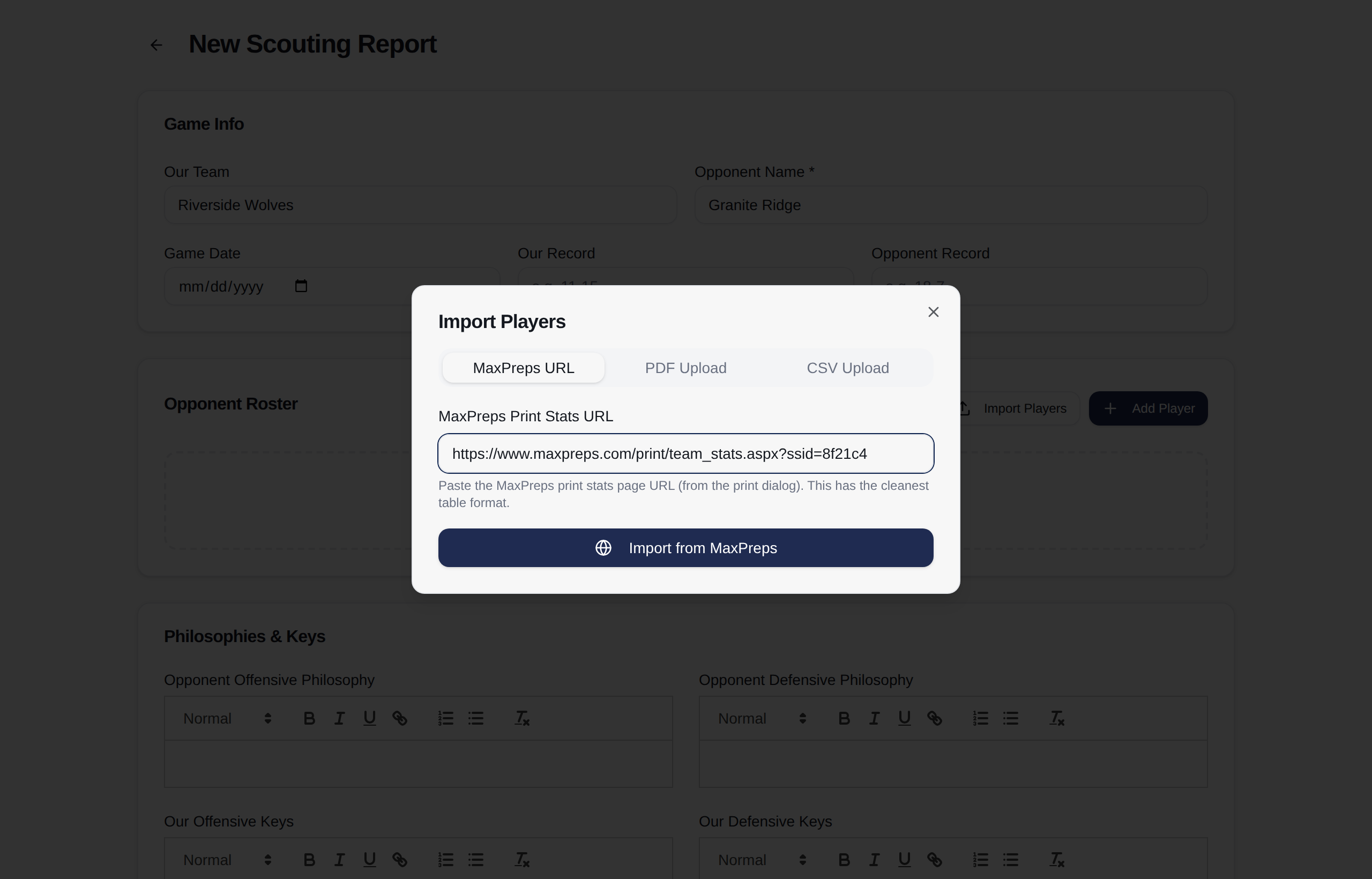The import dialog with a MaxPreps print stats URL pasted in, ready to pull the opponent roster